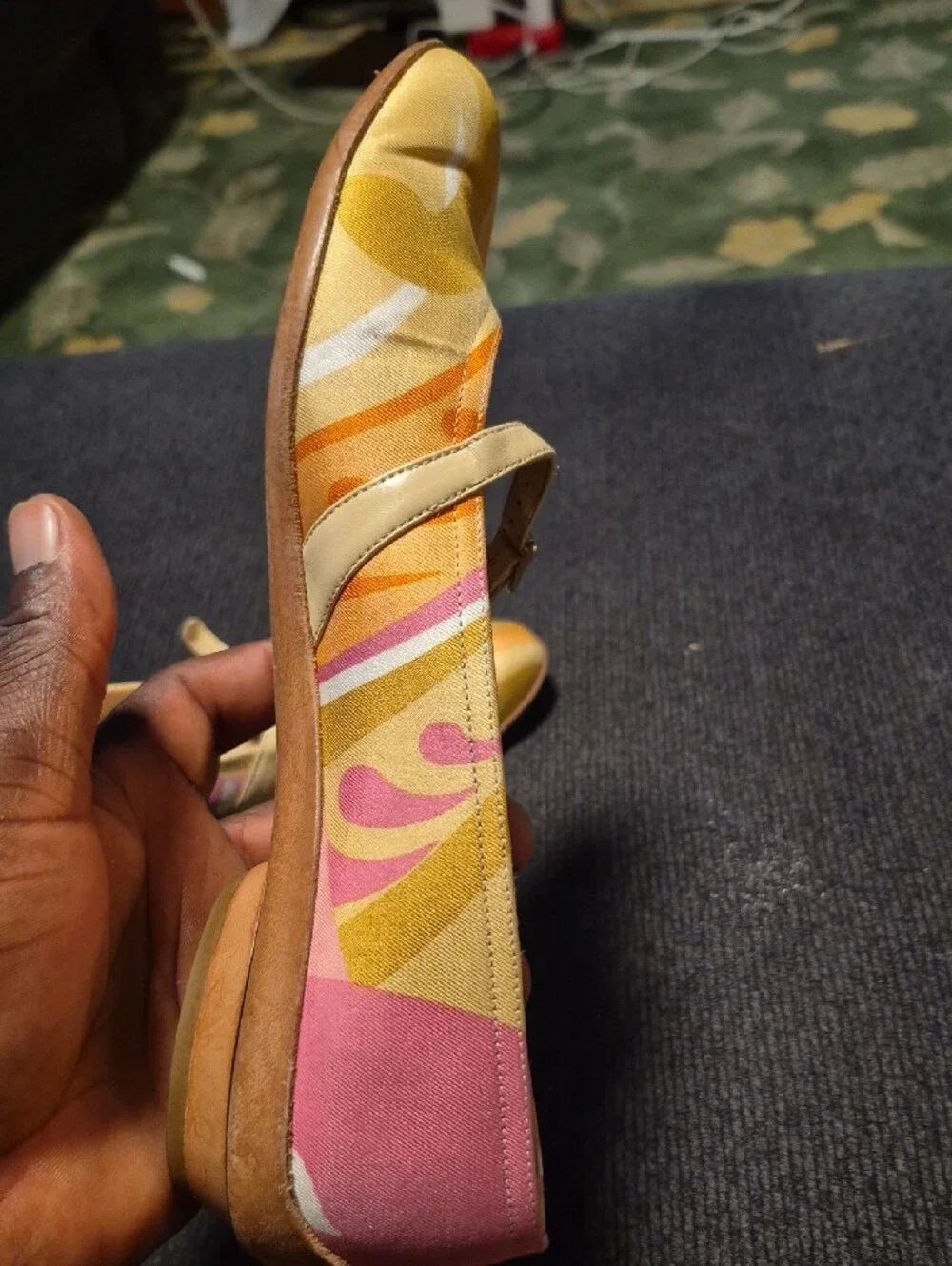 Salvatore Ferragamo Pink, Yellow & Orange Patterned Mary Jane Flats